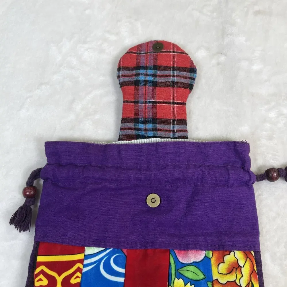 Handmade Patchwork Colorful Cat Drawstring Backpack Purple Multi-Color Charity